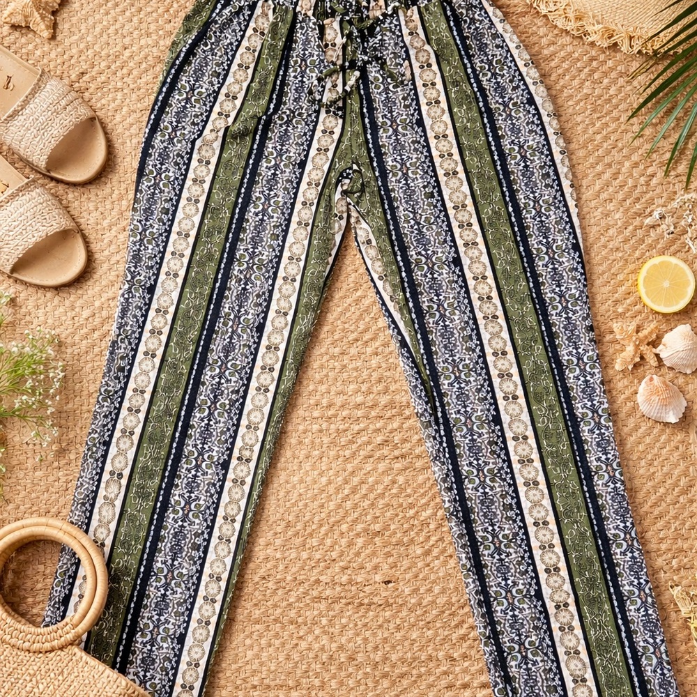 Striped Wide-Leg Drawstring Pants in Olive & Navy